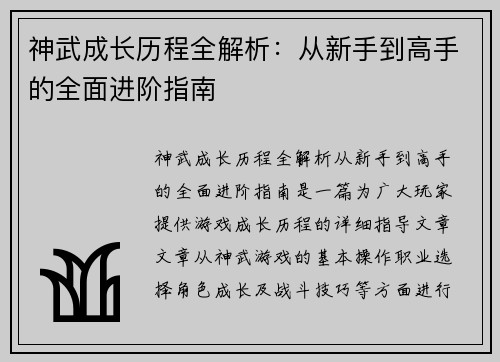 神武成长历程全解析：从新手到高手的全面进阶指南